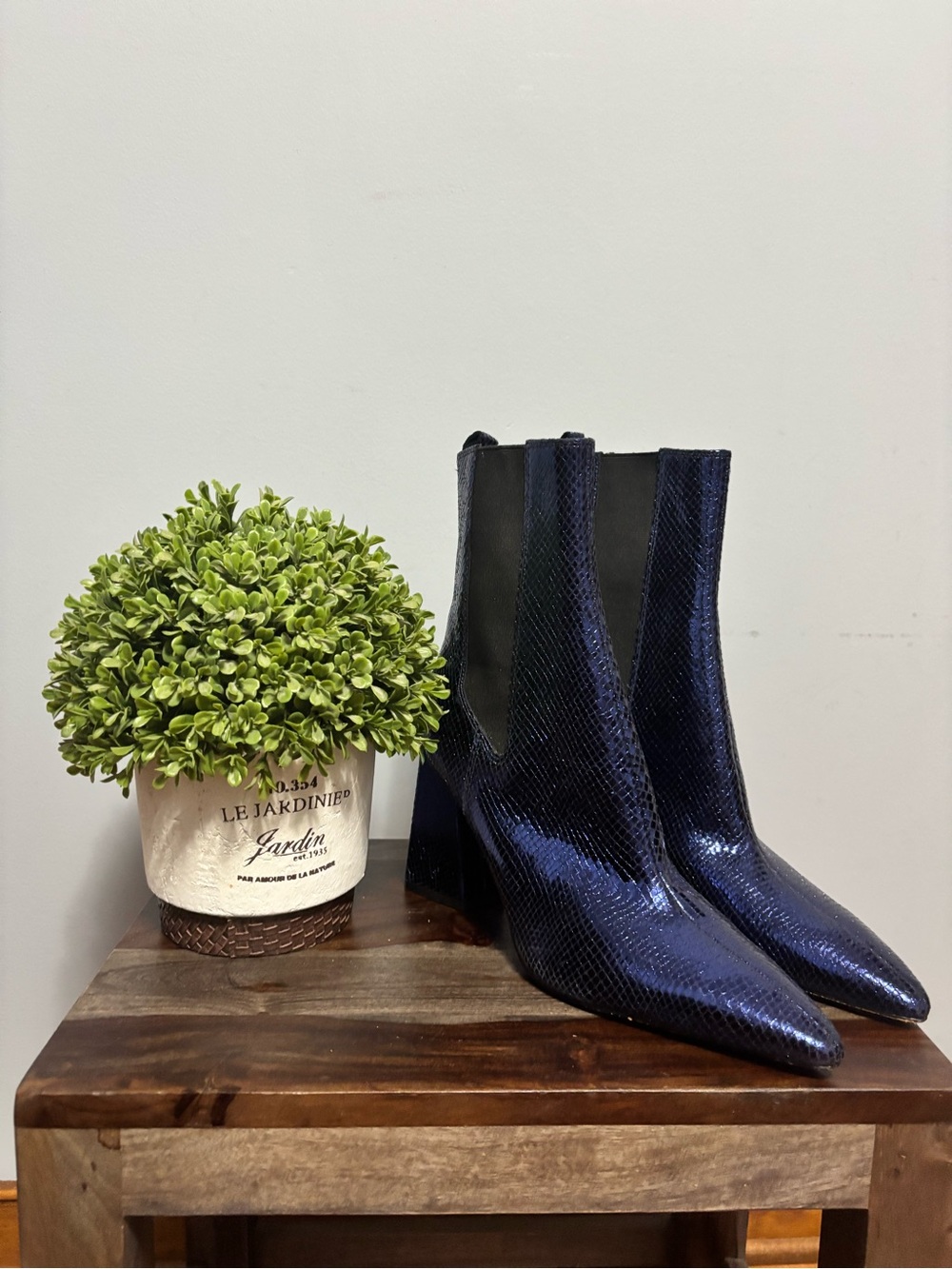 Marc Fisher Navy Snake-Embossed Pointed Toe Chelsea Booties